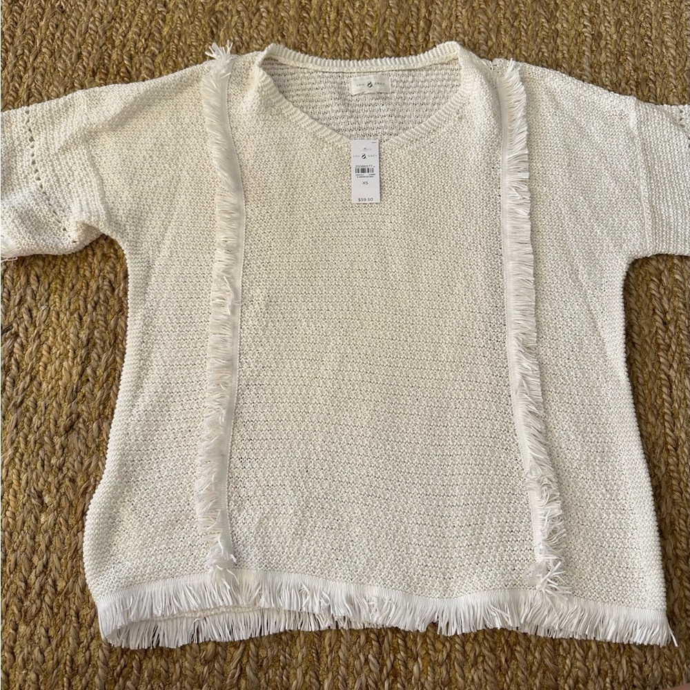 Lou & Grey Women’s Cream Fringe Knit Lightweight Sweater Top Size XS NWT $59.50